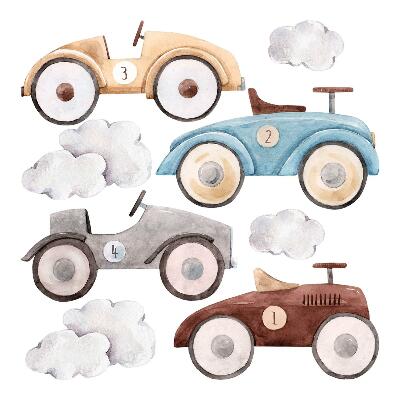 Muur stickers 80x126 Pastelkleurige auto's en subtiele aquarelwolken