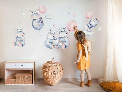Muur stickers 80x135 Nijlpaardfamilie met ballonnen en pastelkleurige wolken
