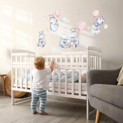 Muur stickers 80x135 Nijlpaardfamilie met ballonnen en pastelkleurige wolken
