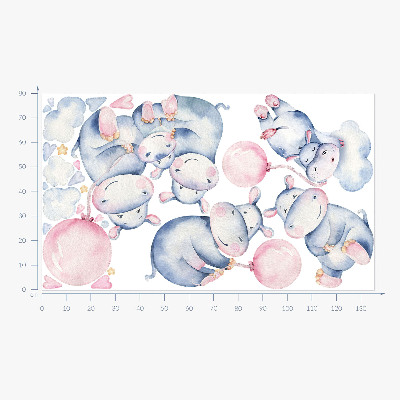 Muur stickers 80x135 Nijlpaardfamilie met ballonnen en pastelkleurige wolken