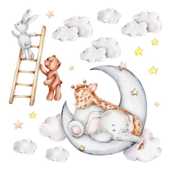 Muur stickers 80x109 Pastelkleurige dieren in de wolken en sterren