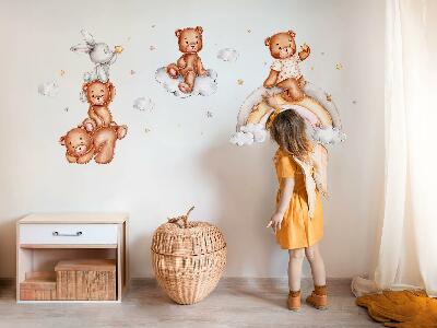 Muur stickers 80x116 Teddyberen en een konijn in een pastelkleurige regenboog en wolken