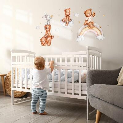 Muur stickers 80x116 Teddyberen en een konijn in een pastelkleurige regenboog en wolken