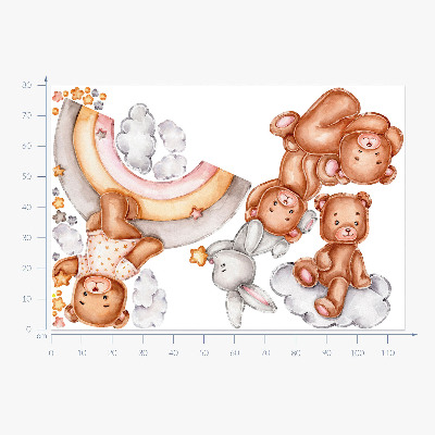 Muur stickers 80x116 Teddyberen en een konijn in een pastelkleurige regenboog en wolken