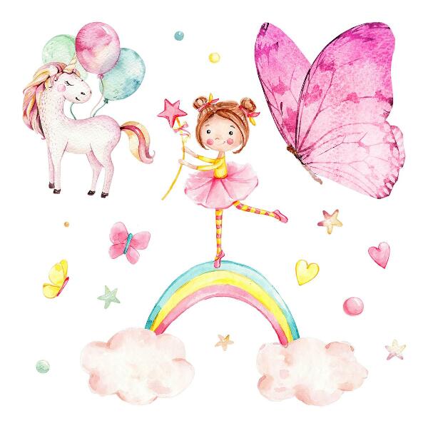 Muur stickers 80x105 Pastelkleurige eenhoorn met ballonnen op een regenboog