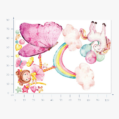 Muur stickers 80x105 Pastelkleurige eenhoorn met ballonnen op een regenboog