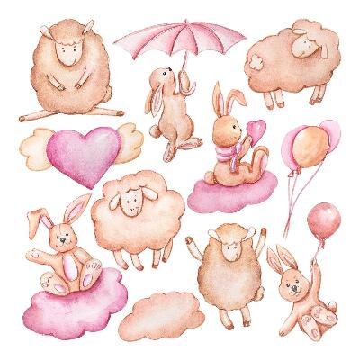 Muur stickers 80x128 Pastelwolken met schapen en konijnen