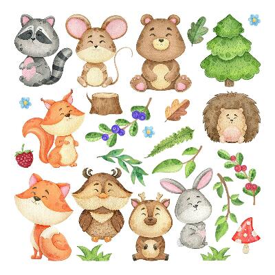 Muur stickers 80x86 Bosdieren en planten in aquarelstijl