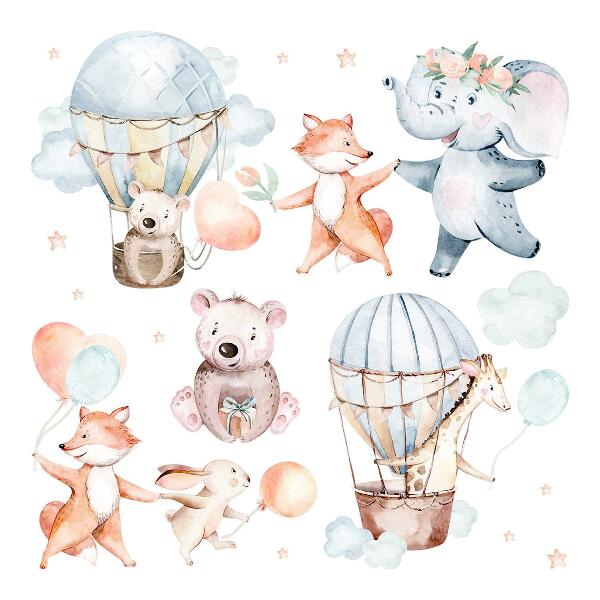Muur stickers 80x140 Pastelkleurige wezens met ballonnen in de wolken aquarel