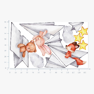 Muur stickers 80x136 Schattige dieren in papieren vliegtuigjes