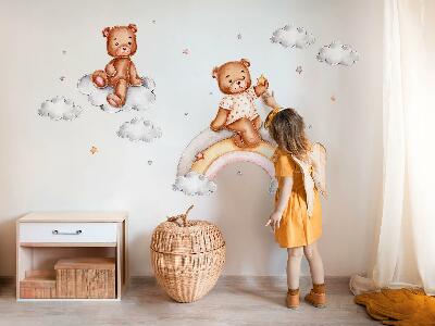 Muur stickers 80x106 Schattige teddyberen op een regenboog in pastelwaterverf