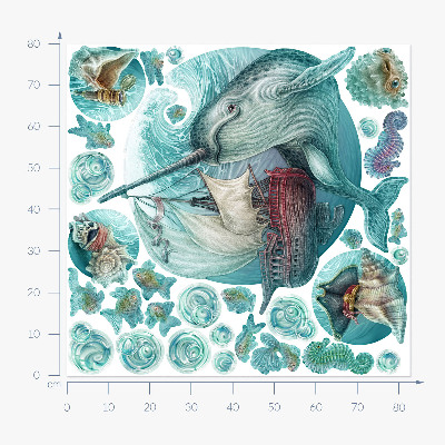 Muur stickers 80x82 Een sprookjesachtige zeewereld met tekenfilmdieren