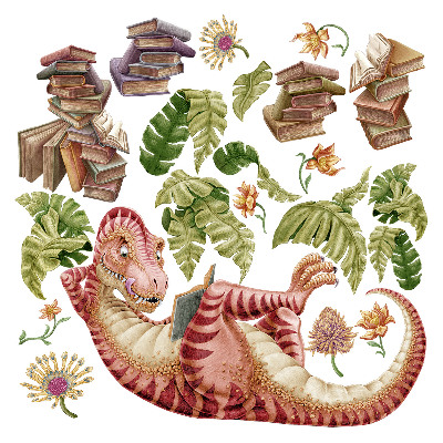 Muur stickers 80x119 Rode dinosaurus met tekeningen en bloemen