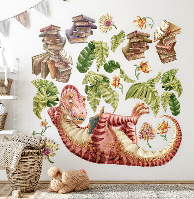 Muur stickers 80x119 Rode dinosaurus met tekeningen en bloemen