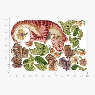 Muur stickers 80x119 Rode dinosaurus met tekeningen en bloemen