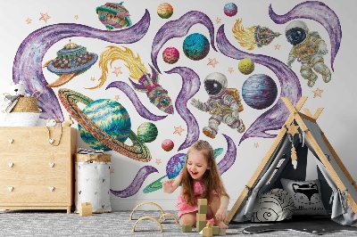 Muur stickers 80x138 Astronautenraketten tegen een pastelkleurige planetaire achtergrond