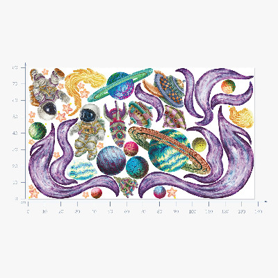 Muur stickers 80x138 Astronautenraketten tegen een pastelkleurige planetaire achtergrond