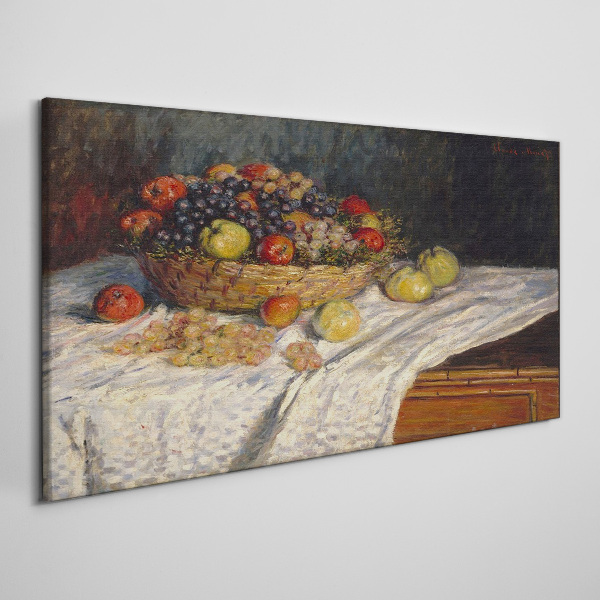 Canvas schilderij Fruitmand op een wit tafelkleed