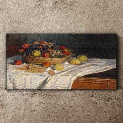 Canvas schilderij Fruitmand op een wit tafelkleed