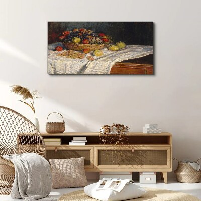 Canvas schilderij Fruitmand op een wit tafelkleed