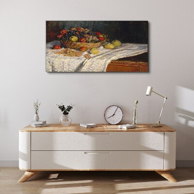 Canvas schilderij Fruitmand op een wit tafelkleed