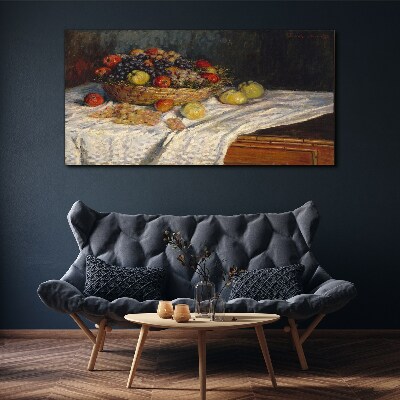 Canvas schilderij Fruitmand op een wit tafelkleed