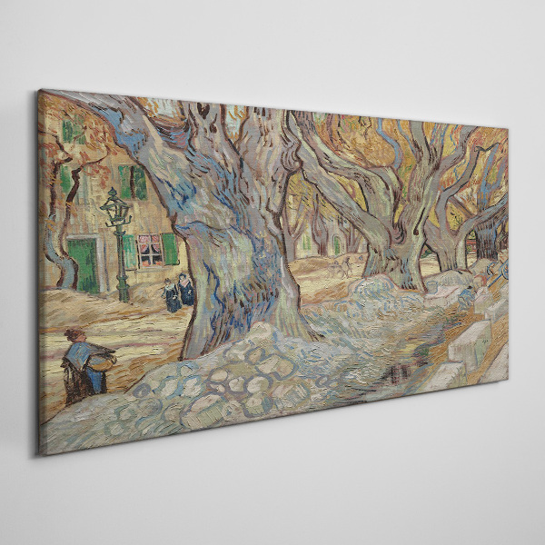 Canvas schilderij Een met bomen omzoomde straat in de lentezon