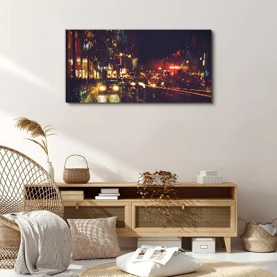 Canvas schilderij Nachtstraat in het schijnsel van de lichten