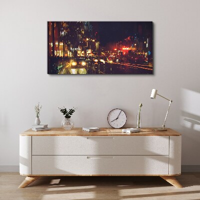Canvas schilderij Nachtstraat in het schijnsel van de lichten
