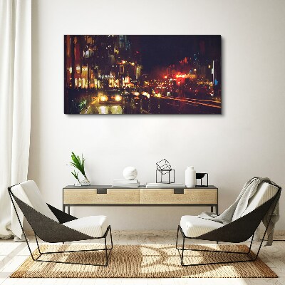 Canvas schilderij Nachtstraat in het schijnsel van de lichten