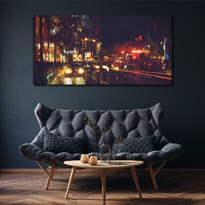 Canvas schilderij Nachtstraat in het schijnsel van de lichten