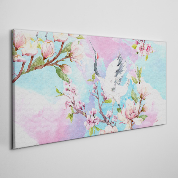 Canvas schilderij Bloemenlandschap met een kraanvogel