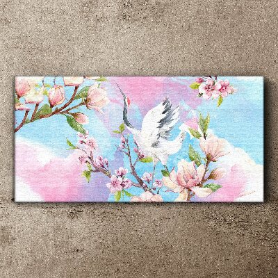 Canvas schilderij Bloemenlandschap met een kraanvogel