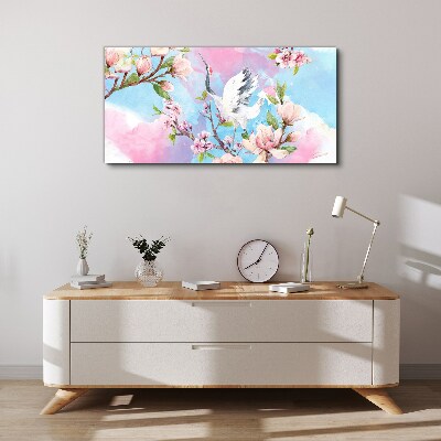 Canvas schilderij Bloemenlandschap met een kraanvogel