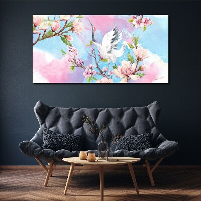 Canvas schilderij Bloemenlandschap met een kraanvogel