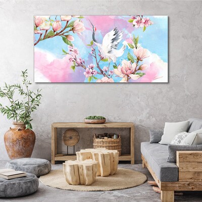 Canvas schilderij Bloemenlandschap met een kraanvogel