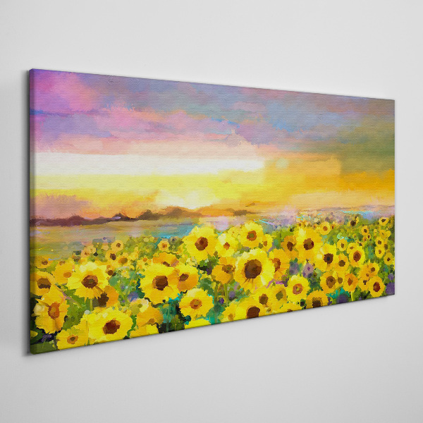 Schilderij op doek Zonnebloemen in de zonnestralen van de zonsondergang