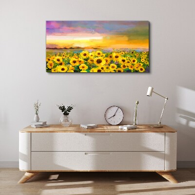 Schilderij op doek Zonnebloemen in de zonnestralen van de zonsondergang