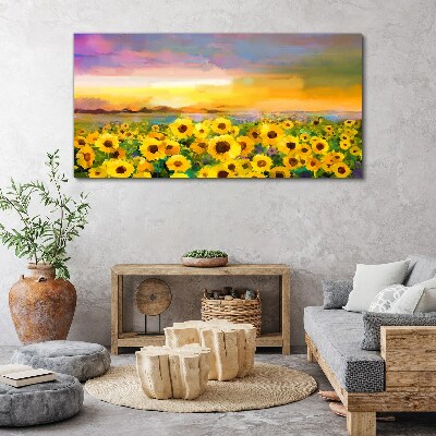 Schilderij op doek Zonnebloemen in de zonnestralen van de zonsondergang