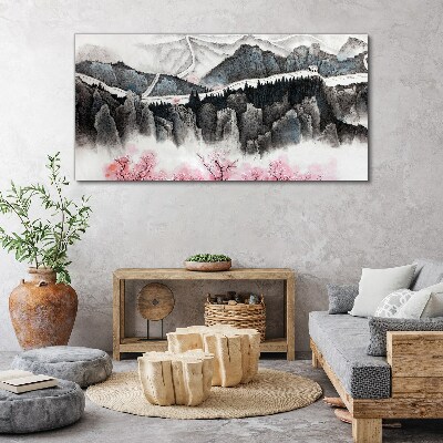 Foto op canvas Een vredig berglandschap met bloemen