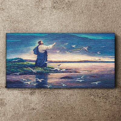 Canvas schilderij Jezus aan de oever met vogels