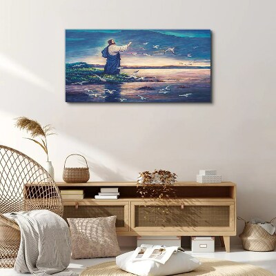 Canvas schilderij Jezus aan de oever met vogels