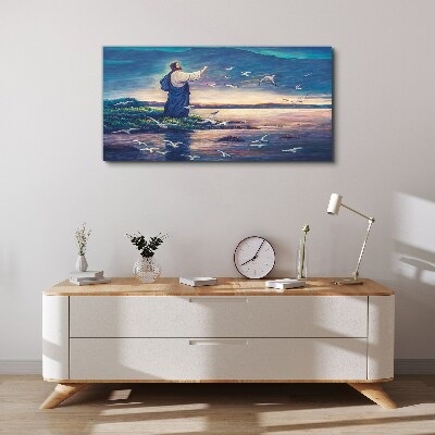 Canvas schilderij Jezus aan de oever met vogels