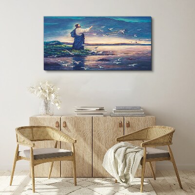 Canvas schilderij Jezus aan de oever met vogels