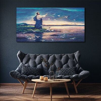 Canvas schilderij Jezus aan de oever met vogels