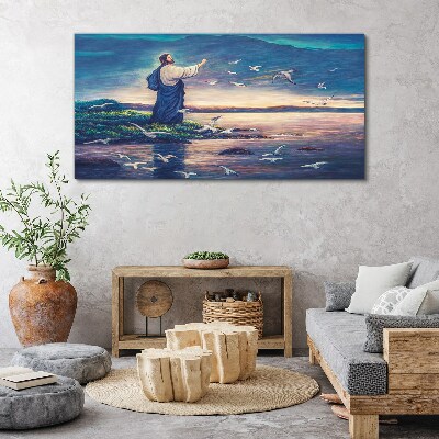Canvas schilderij Jezus aan de oever met vogels