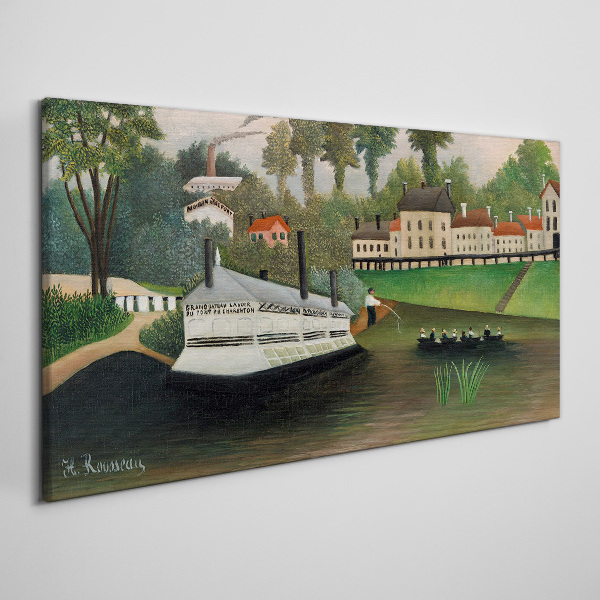 Canvas schilderij Een rustige haven met een stoomboot