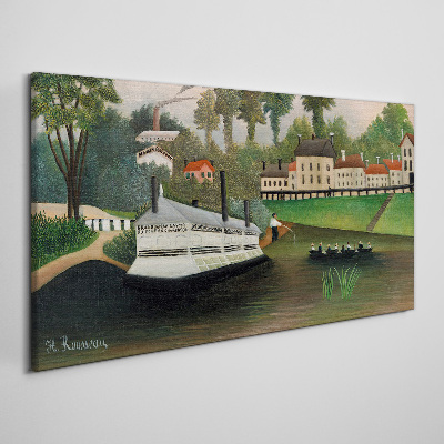 Canvas schilderij Een rustige haven met een stoomboot