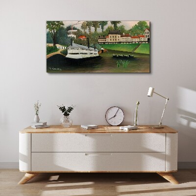 Canvas schilderij Een rustige haven met een stoomboot