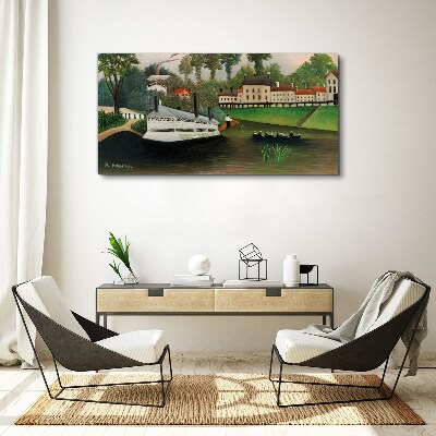 Canvas schilderij Een rustige haven met een stoomboot